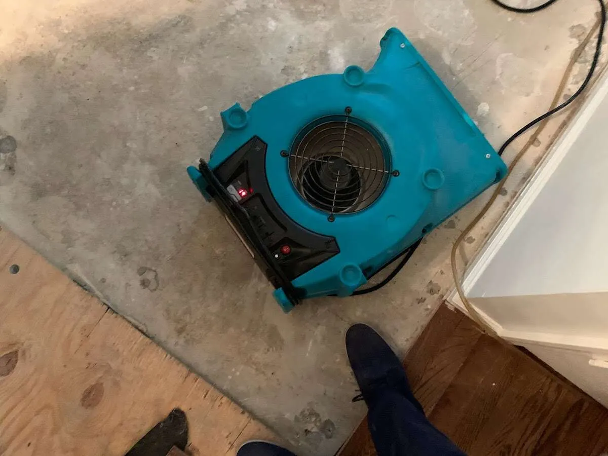 Air mover drying subfloor during Leak Detection & Repair in South River